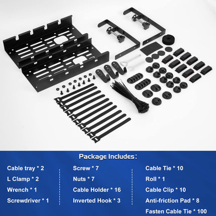 WADEO Under Desk Cable Management Tray, 28-52 cm Extendable and Adjustable Cable Organizer No Drilling, Set with 148 Accessories