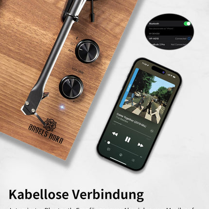 Angels Horn Vintage plaadimängija, Bluetooth HiFi plaadimängija väliste riiulikõlaritega, integreeritud fono-eelvõimendi 33/45 p/min ja AT-3600L helipead, kahekiiruseline rihmülekanne