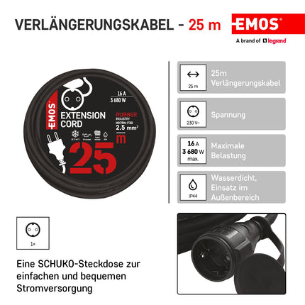 EMOS - IP44 extension cable 25m - 1 Schuko socket - waterproof, impact-resistant, temperature- and oil-resistant - 230 V, 16 A, 3680 W - rubber insulation - H07RN-F3G 2.5 mm² - for outdoor use - black