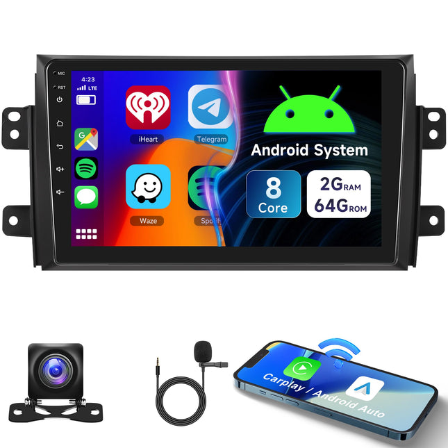 8-tuumaline 2G+64G Android autoraadio 2 DIN Suzuki SX4 2006-2013 FIAT Sedici 2005-2014 jaoks koos juhtmevaba Carplay, Android Auto GPS navigatsiooni, WiFi, 9-tollise autoraadio, peegli lingi, Bluetooth FM/RDS/DAB+ tahavaatekaameraga