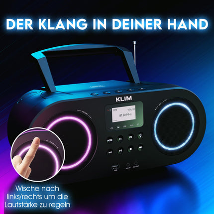 KLIM Boombox B5 raadio CD-mängijaga + FM-raadio, Bluetooth, AUX, USB + UUS + kaasaskantav CD-mängija juhtmevaba režiimi ja laetava akuga + CD-mängija automaatse unerežiimi ja digitaalse ekvalaiseriga
