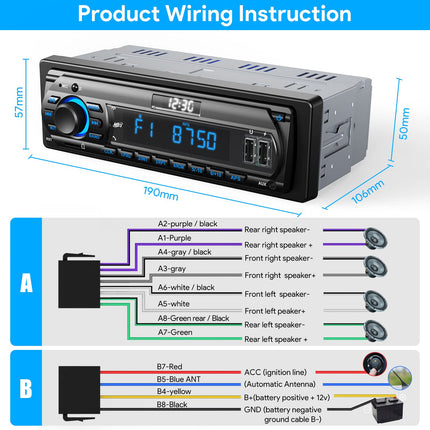 RDS Car Radio Bluetooth for 9-24V, FM/AM 1Din With Hands-Free System, 7 Colors, 2 USB/MP3 Player/AUX/SD/Independent Clock, 30 Stations Stored