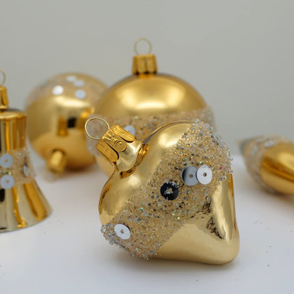 Set of 5 mouth-blown and hand-decorated glass decorations for Christmas tree, gold-colored