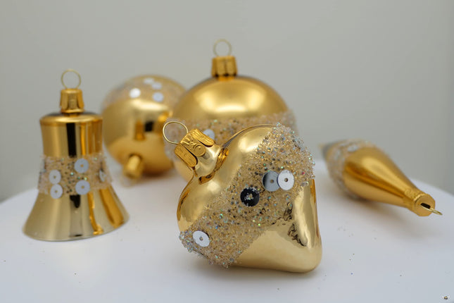 Set of 5 mouth-blown and hand-decorated glass decorations for Christmas tree, gold-colored