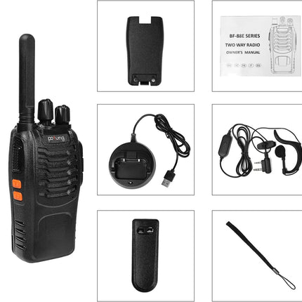 Walkie Talkie PMR446 License-Free Two-Way Radio, Pofung PT88E 16 Channels Professional Rechargeable Long-Range Walkie Talkies with USB Charging Station and Earpieces Black 12 Pack