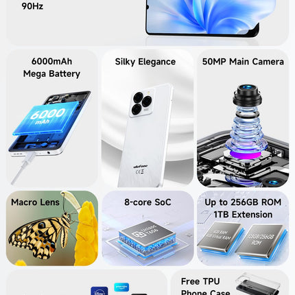 Ulefone Note 20 PRO Android 14 nutitelefon, 6,75-tolline HD+ suur ekraan, 8 GB RAM + 128 GB ROM, 50MP + 8MP + 2MP, kahe SIM-kaardiga nutitelefon, 6000mAh aku, sõrmejäljelugeja + näotuvastus, GPS, must