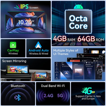 XTRONS 10,25-tolline IPS-ekraan Android 14 autoraadio Octa Core 4+64GB sisseehitatud 4G LTE WiFi GPS Bluetooth automäng valikuline DAB DVR OBD TPMS BMW 3. seeria E90 jaoks ilma originaalekraanita vasakpoolse rooliga