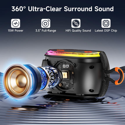 Tisco Portable Bluetooth Speaker with RGB Light - Bluetooth 5.3 Music Box 15 W Speaker, IPX7 Waterproof, 24h Playtime, AUX/TF Card/USB/TWS Pairing - For Outdoor, Party &amp; Travel (Black)