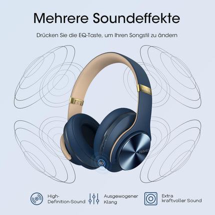 DOQAUS Bluetooth-kõrvaklapid kõrva kohal, kuni 90 tundi juhtmevabad kõrvaklapid 3 ekvalaiseri režiimiga, HiFi stereo kokkupandavad peakomplektid mikrofoniga, pehmed kõrvapadjad reisimiseks/kontorisse/mobiiltelefoni/arvuti/sülearvutite jaoks - tumesinine