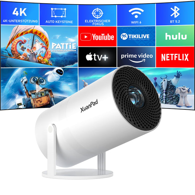 [Netflixi-sertifitseeritud ja elektriline fookus] XuanPad projektor 1080P miniprojektor WiFi ja Bluetoothiga, 210° pööratava alusega, automaatse trapetsikorrektsiooni, tolmufiltri ja soojuse hajumise süsteemiga