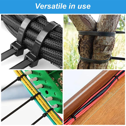 100 pika kaablisideme pakis, mustad, 450 mm x 9 mm, tõmbetugevus 80 kg, kvaliteetsest nailonist, mustad kaablisidemed, UV-kindlad, iselukustuvad kaablisidemed kaablite haldamiseks, aiatöödeks