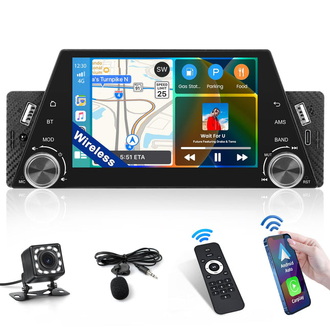 Inefala Bluetooth autoraadio 1 DIN, ühildub Carplay ja Android Autoga, 5-tollise puutetundliku ekraaniga stereo, toetab Bluetoothi ​​käed-vabad kõnesid/peegliühendust/FM-raadiot/USB/Type-C/EQ-d koos tahavaatekaameraga