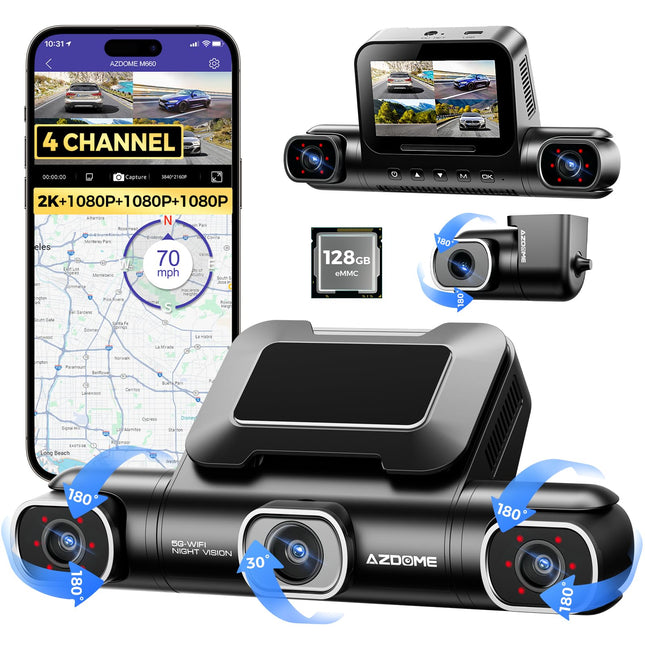 AZDOME 4 kanaliga 4K autokaamera 360 kraadi koos 128GB eMMC-ga, 2.5K+3 * 1080P autokaamera, 5G WiFi, hääljuhtimisega autokaamera ees ja taga, IR-öine nägemine, parkimisrežiim, unise sõidu meeldetuletus (M660)
