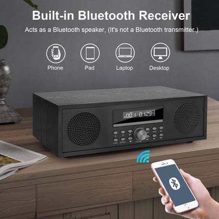 Kompaktne süsteem CD-ga Bluetooth, CD-169 stereosüsteem, kompaktne CD-mängija 2 x 20-vatise mini-Hi-Fi süsteemiga, FM-raadio, Aux-sisend, USB-taasesitus, stereosüsteem CD-ga Micro Hi-Fi süsteem (puidu imitatsioon)