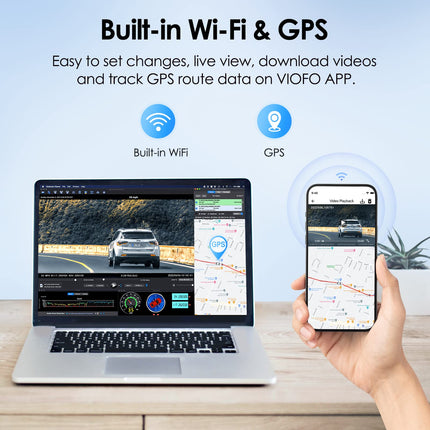 VIOFO A129 Plus Duo kahekordne WiFi WLAN-i autokaamera, GPS-moodul 2K 1440P 60fps + 1080P eesmine ja tagumine autokaamera, rakendusega telefoni jälgiv autokaamera, G-anduriga parkimisrežiim, hädaolukorra salvestav autokaamera, superkondensaator