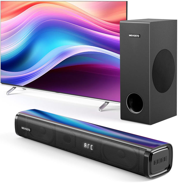 Teleri heliriba subwooferiga, arvutile, mängudele, 2.1 kanalit MEVOSTO 2025, täiustatud teleri heliriba, sügav bass, arvuti helisüsteem, BT 5.3/USB/HD-ARC/optiline/AUX bass ja kõrged toonid, reguleeritav, kodukino