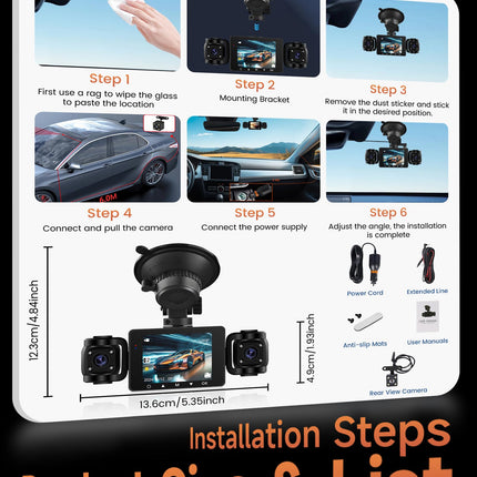 Auto videoregistraator 360°, 4 kaameraga FHD 1080P ees ja taga vasakul ja paremal, 2,4-tolline 1080P videoregistraator IR öönägemise/silmusvideo/24H parkimismonitori/G-anduri/parkimisabiga, 64 GB mälukaardiga
