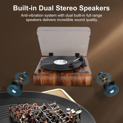 Vinyl Record Player VOSTERIO Bluetooth Record Player with Integrated HiFi Stereo Speakers, 3-Speed ​​33/45/78 RPM, Vinyl-to-MP3/FM Radio/USB/TF/Aux-In/RCA/LED Display, Vinyl Player