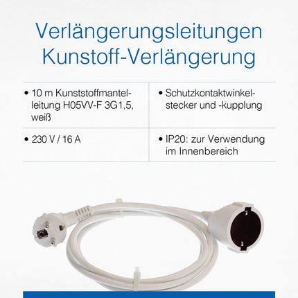 as - Schwabe plastic extension cable – 10 m PVC cable with earthing contact plug &amp; earthing contact coupling – 230 V / 16 A Schuko extension cable with plastic sheath – IP20 – White, 51011