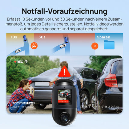 70mai autoregistraator 4K Omni, 4K+1080P 360-kraadine esi- ja tagakaamera kahekordse STARVIS 2 HDR-iga, 4G LTE, tehisintellektiga liikumistuvastus, öine nägemine, GPS 5GHz WiFi 6, 24H parkimisrežiim, rakenduse juhtimine, 128GB SD-kaart