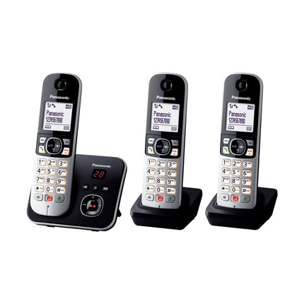 Panasonic KX-TG6863GB cordless phone with 3 handsets and answering machine (block up to 1,000 numbers, clear font size, loud handset, full-duplex handsfree) black-silver