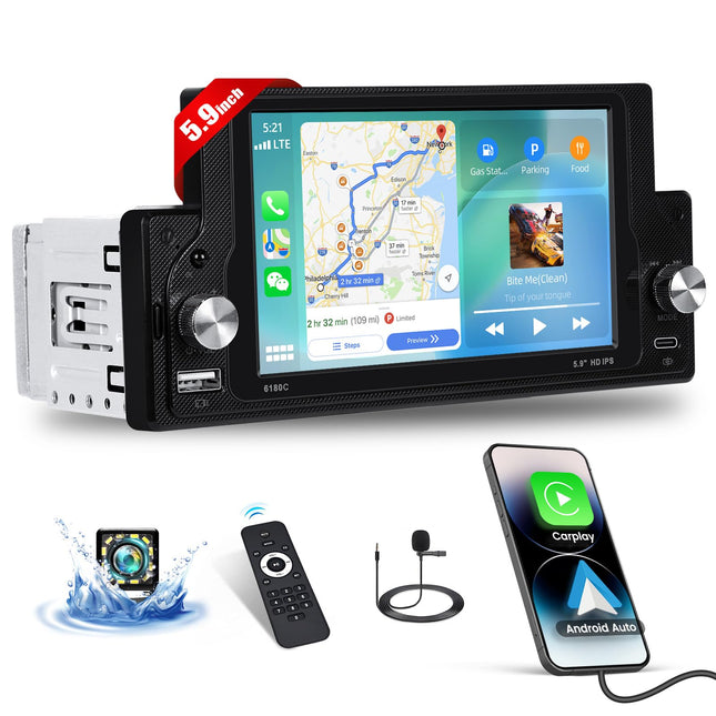 CAMECHO Carplay Car Radio 1 Din with Carplay Android Auto, 5.9 inch Touch Screen Single Din Car Radio with Bluetooth EQ FM/USB Steering Wheel Control + Rear View Camera &amp; MIC