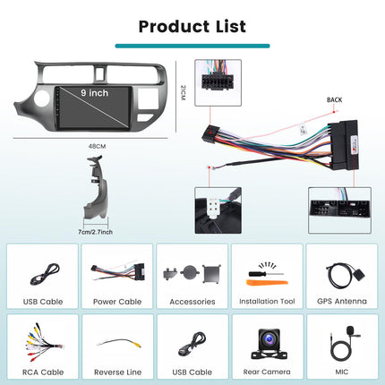 Hikity 2+64G Android 13 autoraadio ja navigatsioon Kia Rio 2012-2015 jaoks koos juhtmevaba CarPlay, Android Auto Mirror Linki, 9-tollise puutetundliku ekraaniga raadio, GPS, WiFi, Bluetooth, FM RDS EQ, MIC, SWC tahavaatekaamera
