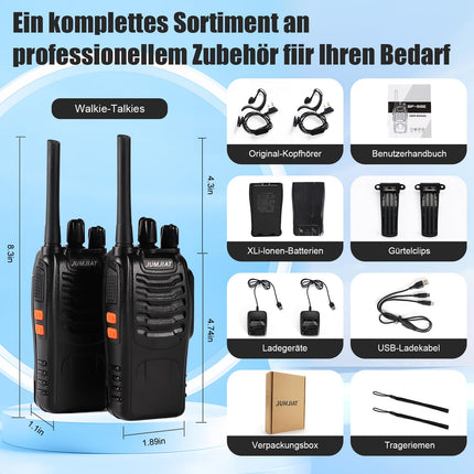 JUMJIAT Walkie-Talkie 16 kanaliga pikamaaraadiod, raadiosaatjad sisseehitatud LED-taskulamp, USB-C-laadimiskaabel ja peakomplekt (2 tk)