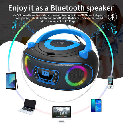 Kaasaskantav stereo CD-mängija boombox FM-raadio, Bluetoothi, CD-R/CD-RW/MP3/WMA taasesituse, USB-pordi, AUX-sisendiga ja kõrvaklapipesaga