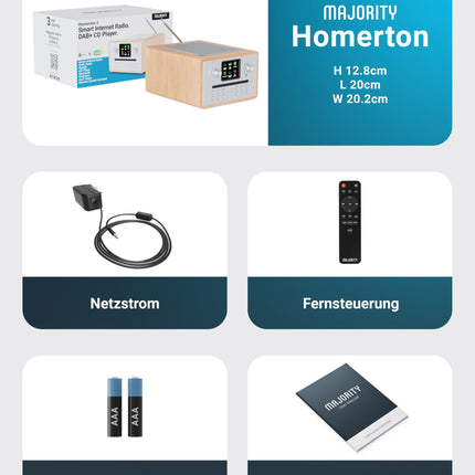 Internetiraadio CD-mängija ja DAB Plus-iga | Köögiraadio Bluetoothi ​​ja FM-raadioga | Digitaalraadio WiFi koos Spotify Connecti ja taskuhäälingutega | EQ, värviline ekraan, pult kaasas | MAJORITY Homerton (tamm)