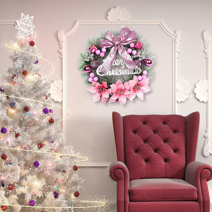 Warmiehomy Christmas Wreath, 30 cm Artificial Front Door Wreath, Hanging Garland with Flowers and Bow, Christmas Decoration, New Year Decoration, Gift, Pink