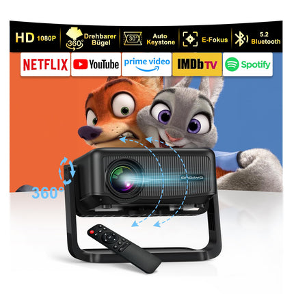 Beamer 【360° Drehbarem Ständer & Auto Keystone & E-Fokus】 FHD 1080P 23000LM mini Beamer mit WiFi6 und Bluetooth 5.2,70% Zoom ONOAYO abnehmbar Outdoor Heimkino Beamer Kompatibel mit Handy,PC,TV-Sticks