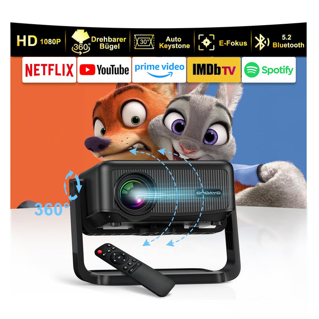 Beamer 【360° Drehbarem Ständer & Auto Keystone & E-Fokus】 FHD 1080P 23000LM mini Beamer mit WiFi6 und Bluetooth 5.2,70% Zoom ONOAYO abnehmbar Outdoor Heimkino Beamer Kompatibel mit Handy,PC,TV-Sticks