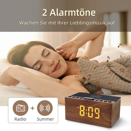 ANJANK digitaalne puidust raadioäratuskell juhtmevaba laadimisjaamaga, 10W kiire juhtmevaba laadija iPhone'ile/Samsung Galaxy'le, LED-ekraan 5-tasemelise dimmeriga, USB-laadimisport, kellraadio, kingitused meestele