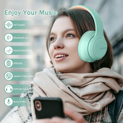 IFECCO Bluetooth-kõrvaklapid kõrvapealsed - juhtmevabad kõrvaklapid mikrofoniga, kokkupandavad HiFi stereo juhtmevabad kõrvaklapid reisimiseks/kontorisse/mobiiltelefoni/arvuti jaoks (rohelised)