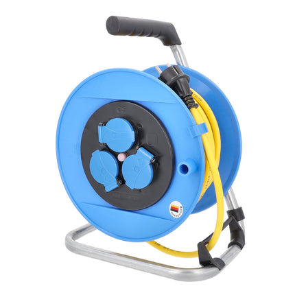 as - Schwabe cable drum 25 m armored cable K35 AT-N07V3V3-F 3G1.5 yellow, 3 earthing contact sockets with hinged lid, earthing contact plug, outdoor, IP44, blue, Made in Germany, 11004