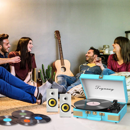 Trynnay Record Player 3-Speed ​​Bluetooth Portable Suitcase Vinyl Player with Built-in Speakers Record Player Enhanced Audio Sound PU Leather Vintage Blue