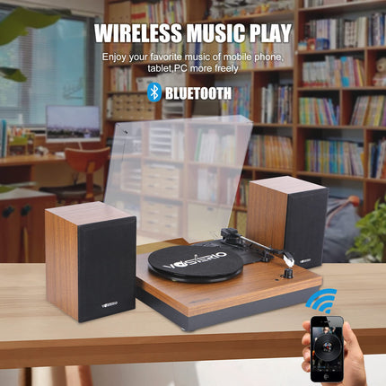 Vinyl Record Player VOSTERIO Bluetooth Record Player with Two 15W External Speakers HiFi Stereo Speakers, 3-Speed ​​33/45/78 RPM, Bluetooth Input &amp; Output, Aux-in, Walnut