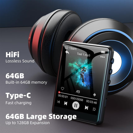 64GB MP3 Player Bluetooth 5.3 2.4" Full Touchscreen Portable MP3 Player with Speaker, Voice Recorder, FM Radio, Line Recording Support 128GB Kids MP3 Player (Black)