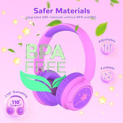 iClever Bluetooth headphones for kids, 60-hour battery life, 74/85 dBA volume limit, stereo sound, Type-C, Bluetooth 5.4, wireless over-ear children's headphones with microphone for tablet/travel, pink/purple