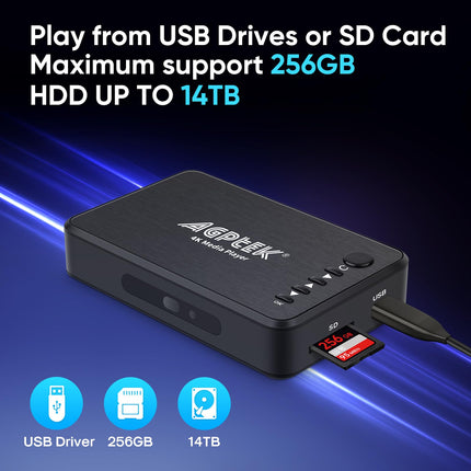 AGPTEK USB 2.0 1080P (1920 × 1080) HD meediapleier RMVB MKV SD SDHC USB JPEG - optilise stereo L/R audio väljundiga, IR kaugjuhtimispuldiga