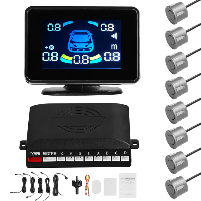 Shkalacar Parking Aid, Reversing Aid Front Rear with 8 Parking Sensors, Distance Detection, LCD Distance Display, Supports Acoustic Warning/Buzzer/Mute, Parking Sensor for 12V Vehicles, Gray