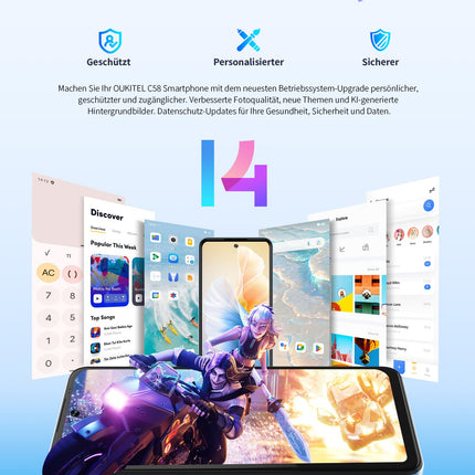 OUKITEL C58 (16GB+128GB) nutitelefon ilma lepinguta - 6,67-tolline 90Hz Android 14 mobiiltelefon soodne, 5150mAh aku, 13MP+5MP kaamera, näotuvastus ja sõrmejäljelugeja, NFC, GPS, kahe SIM-kaardi pesa 4G soodne nutitelefon, sinine
