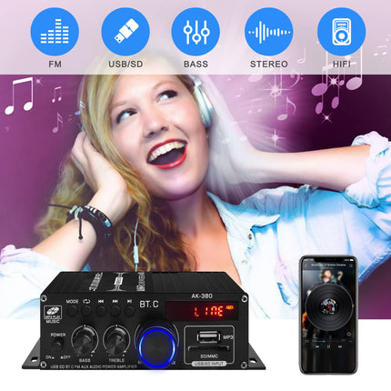 AK-380 Bluetooth 5.0 HiFi Amplifier 2.0-Channel 40W x 2 Max. 400W Mini Amplifier Stereo Audio Power Amplifier Receiver with USB SD Slot, FM Radio for Car and Home Speakers