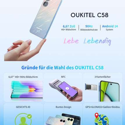 OUKITEL C58 (16GB+128GB) nutitelefon ilma lepinguta - 6,67-tolline 90Hz Android 14 mobiiltelefon soodne, 5150mAh aku, 13MP+5MP kaamera, näotuvastus ja sõrmejäljelugeja, NFC, GPS, kahe SIM-kaardi pesa 4G soodne nutitelefon, sinine