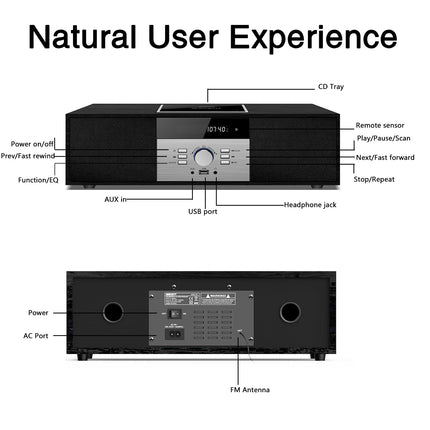 Kompaktsed süsteemid Nostalgiline Bluetooth-stereosüsteem koju, WISCENT Vintage Micro HiFi Systems CD-mängija, Bluetooth-heli voogedastusega, FM-raadio, USB-port, Aux-sisend, kõrvaklapipesa