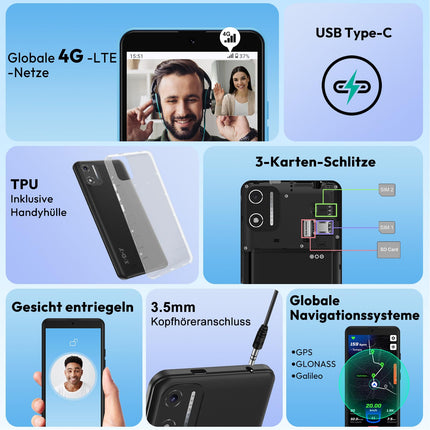 XGODY nutitelefon ilma lepinguta, 5,5-tolline odav nutitelefon 2GB+16GB 128GB laiendatav kaheksatuumaline Android 14 mobiiltelefon, kahe SIM-kaardi ja kahe ooterežiimiga, 8MP+5MP kaamera, Face ID GPS 4G mobiiltelefon (sinine)