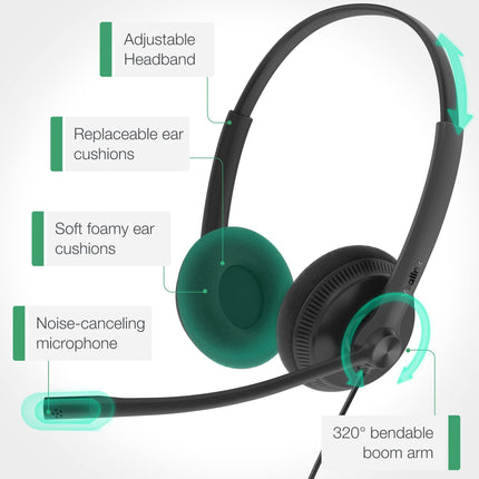 Yealinki telefonipeakomplektid kontoritelefonidele YHS34 Lite QD - RJ9 juhtmega peakomplekt, ühildub Poly Avaya Snom Grand Stream telefonidega, lauatelefoni peakomplekt mikrofoniga - kahekordne/111g/2.1m kaabel