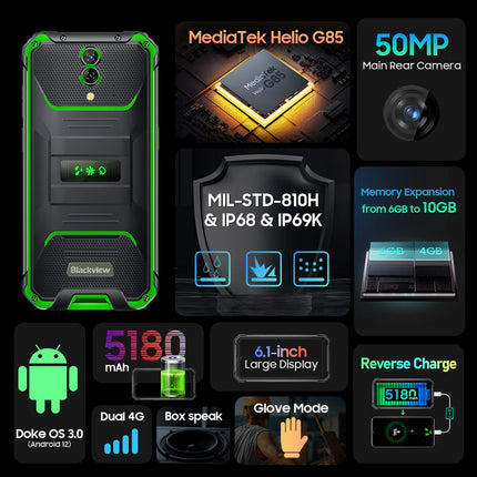 Blackview BV7200 lepinguta õues kasutatav nutitelefon, 50MP topeltkaamera, Helio G85 6GB+128GB, IP68 Android 12 vastupidav nutitelefon, 6,1-tolline HD+ ekraan, kõlar, kinnasrežiim, 5180mAh aku, NFC roheline
