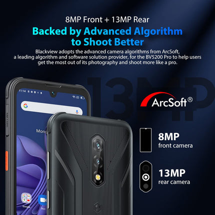 Blackview lepinguta õues kasutatav nutitelefon BV5200 PRO, ArcSoft® 13MP+8MP, 4GB+64GB (1TB laienduskaart), Android 12 DUAL SIM IP68 MIL-STD-810H veekindel nutitelefon, 6.1'' HD+, 5180mAh aku, NFC oranž